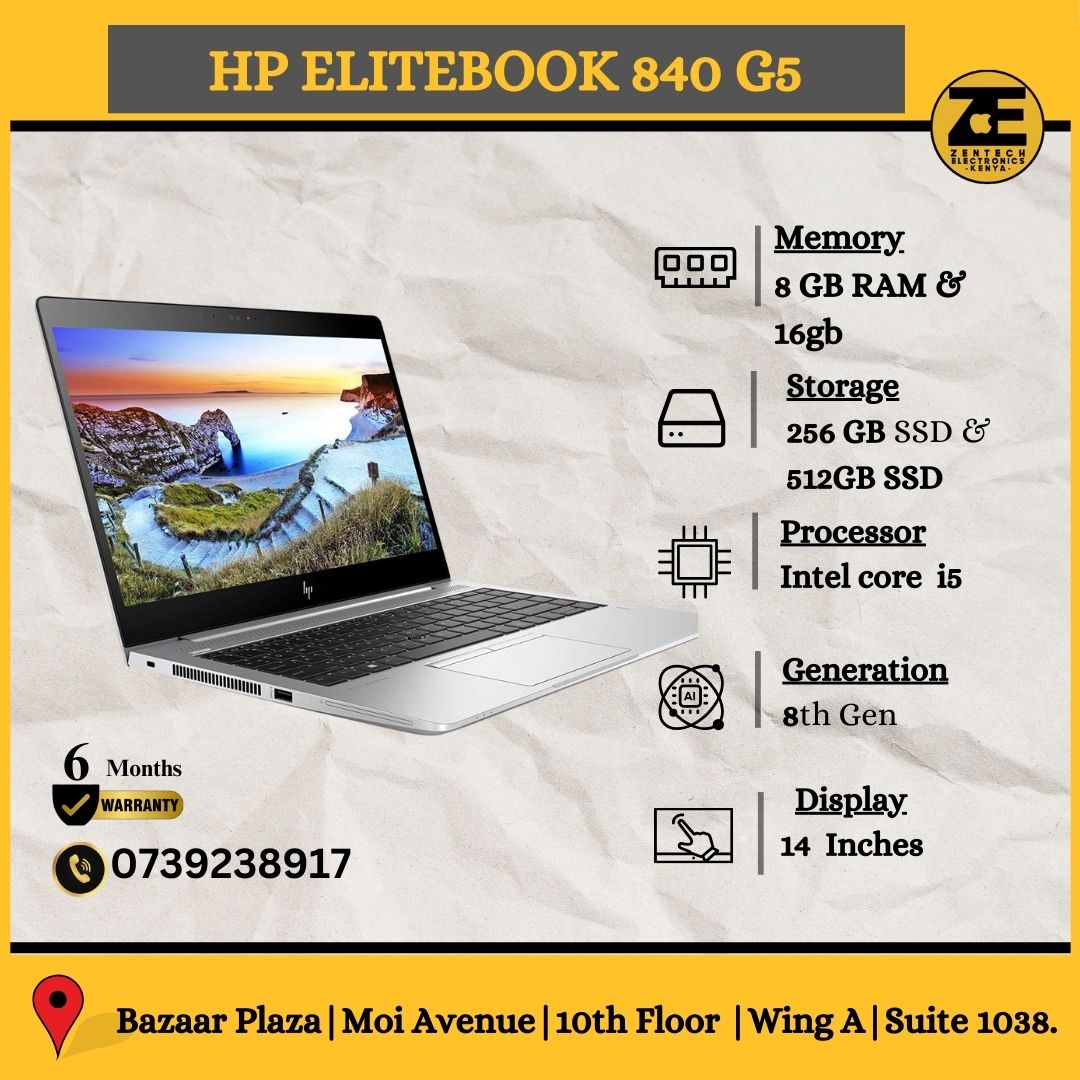 HP EliteBook 840 G5 laptop with a 14 inch display, shown open on a surface displaying a nature wallpaper. Key specifications such as memory, storage, processor, and display size are highlighted.